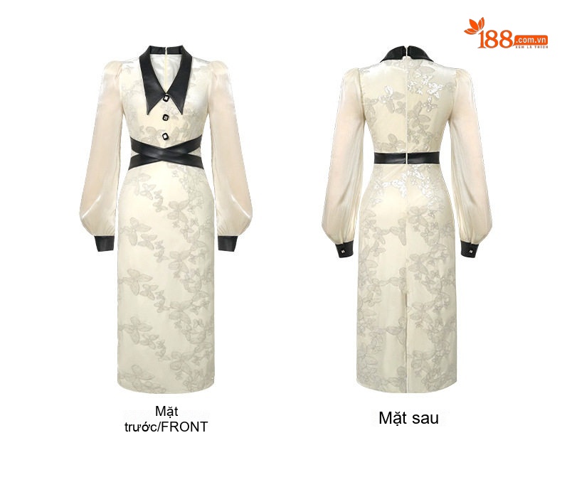 Váy liền thân Nữ Cổ Búp Bê Tay Dài Thắt Eo Đính Kim Sa Phong Cách Pháp Màu Trắng Kem, Đen chi tiết 4