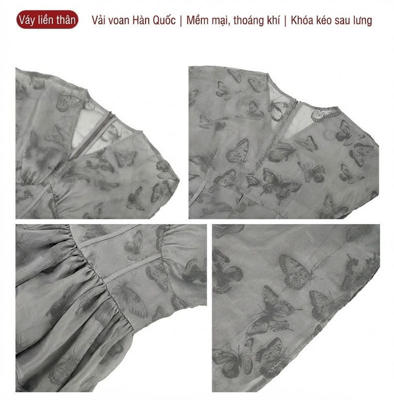 Váy liền thân Nữ Cổ chữ V In Họa Tiết Dáng Dài Xòe Thắt Eo Phong Cách Pháp Màu Xám chi tiết 3