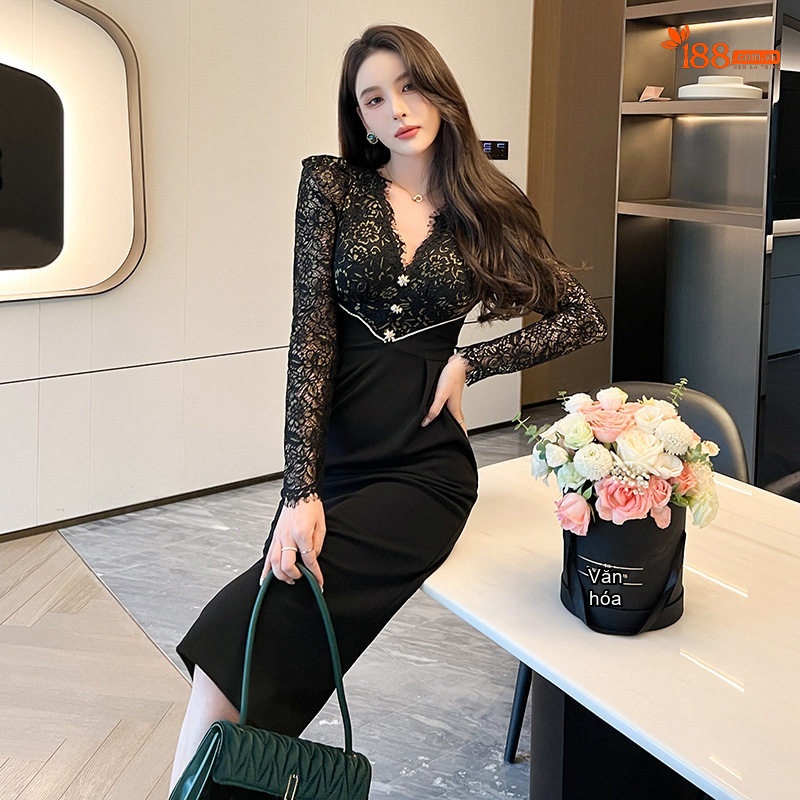 Váy liền thân Nữ Cổ Chữ V Tay Dài Ren Eo Cao Dáng Ôm Màu Đen