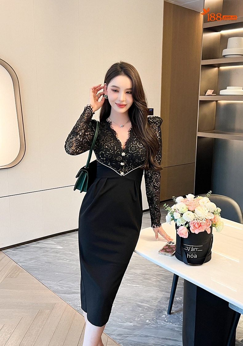 Váy liền thân Nữ Cổ Chữ V Tay Dài Ren Eo Cao Dáng Ôm Màu Đen chi tiết 10