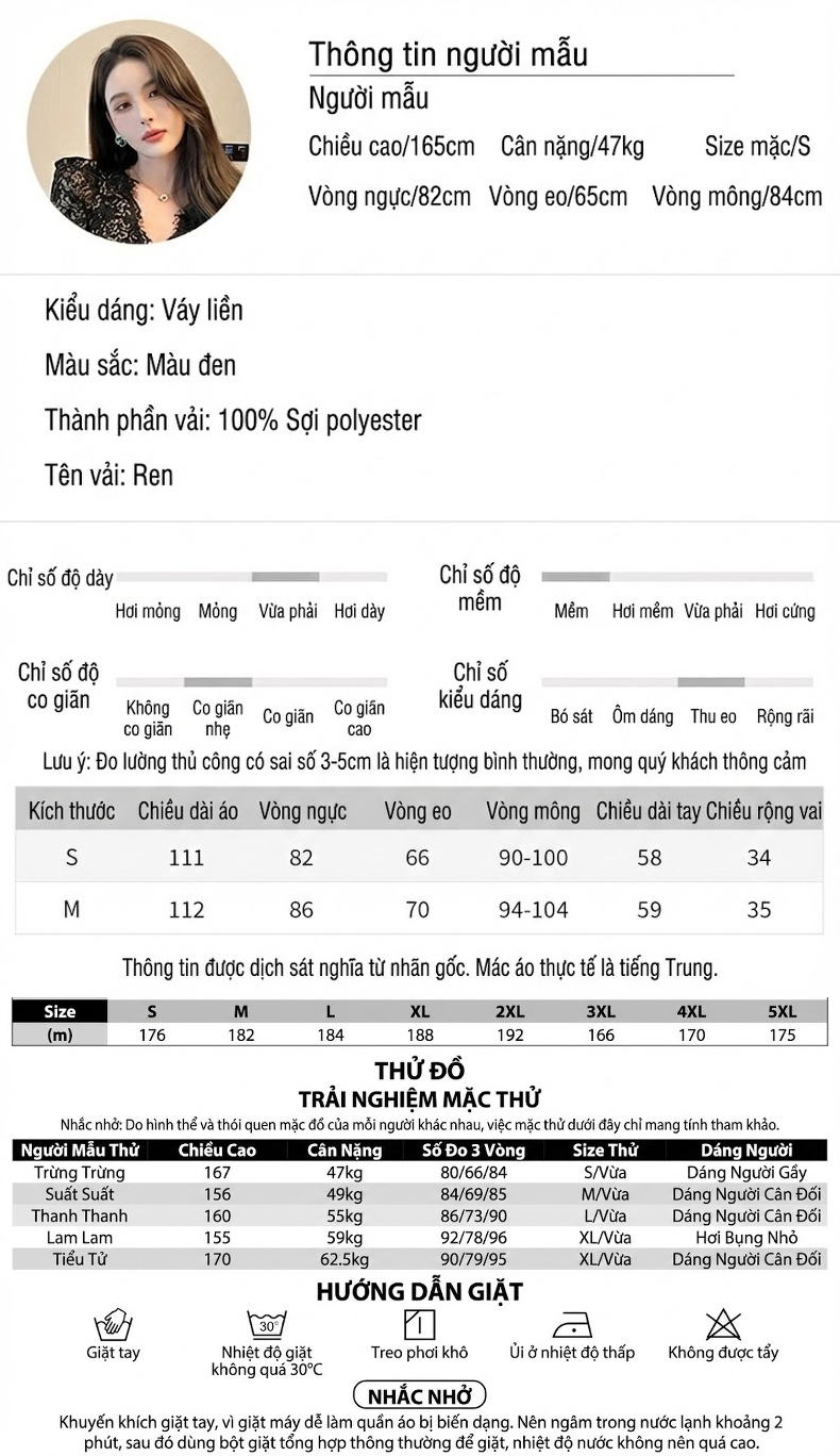 Váy liền thân Nữ Cổ Chữ V Tay Dài Ren Eo Cao Dáng Ôm Màu Đen chi tiết 2