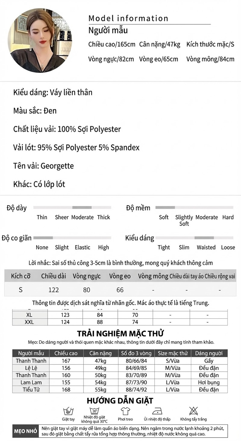 Váy liền thân Nữ Cổ chữ V Thiết Kế Giả Hai Lớp Thắt Eo Dáng Xòe Màu Đen chi tiết 2