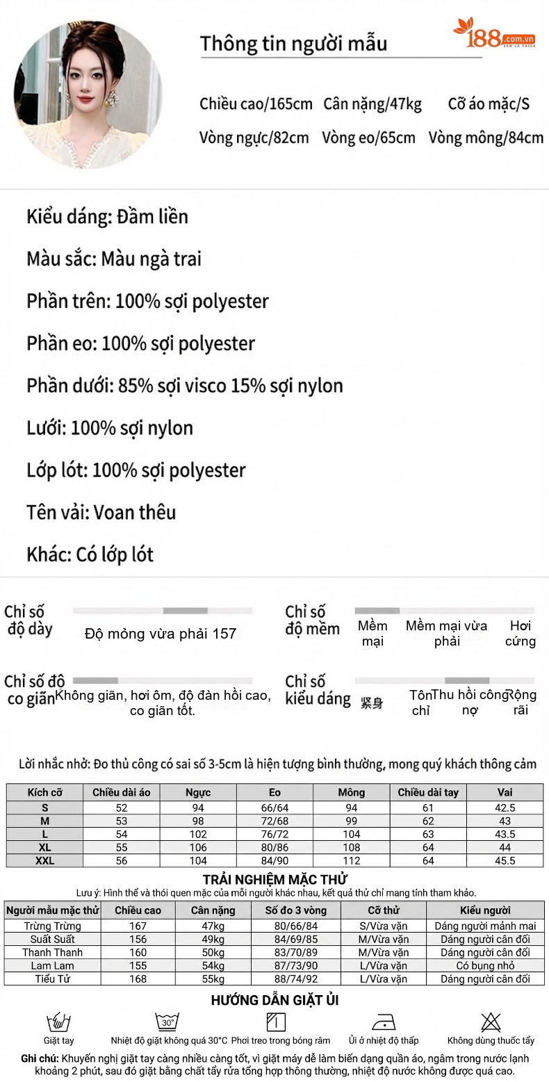 Váy liền thân Nữ Cổ chữ V Trắng Kem Đính Đá Tay Dài Phong Cách Pháp chi tiết 2