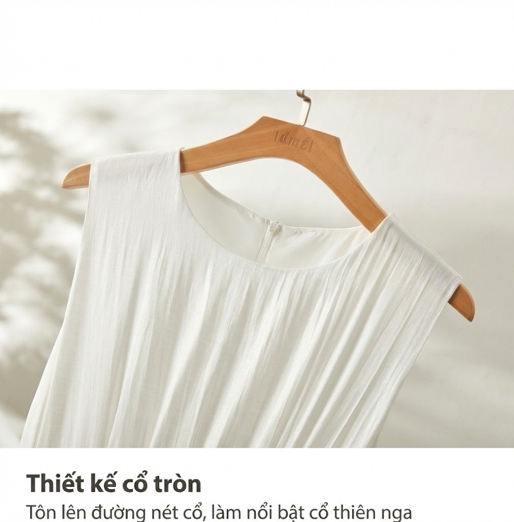 Váy liền thân Nữ Cổ Tròn Không Tay dáng chữ A Chiết Eo Khuy Lớn Màu Trắng Kem chi tiết 4