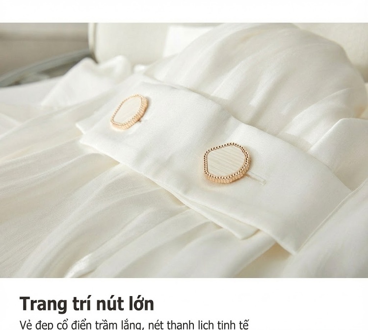 Váy liền thân Nữ Cổ Tròn Không Tay dáng chữ A Chiết Eo Khuy Lớn Màu Trắng Kem chi tiết 5