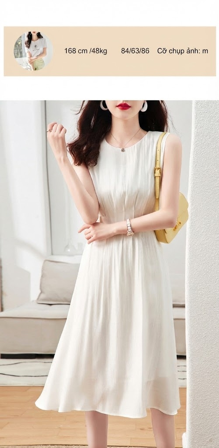 Váy liền thân Nữ Cổ Tròn Không Tay dáng chữ A Chiết Eo Khuy Lớn Màu Trắng Kem chi tiết 8