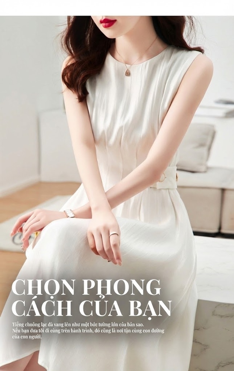 Váy liền thân Nữ Cổ Tròn Không Tay dáng chữ A Chiết Eo Khuy Lớn Màu Trắng Kem chi tiết 1