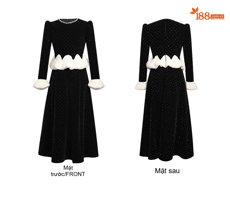 Váy liền thân Nữ Cổ Tròn Tay Dài Đính Đá Eo Thun Bèo Nhún Phong Cách Hepburn Màu Đen, Trắng chi tiết 4