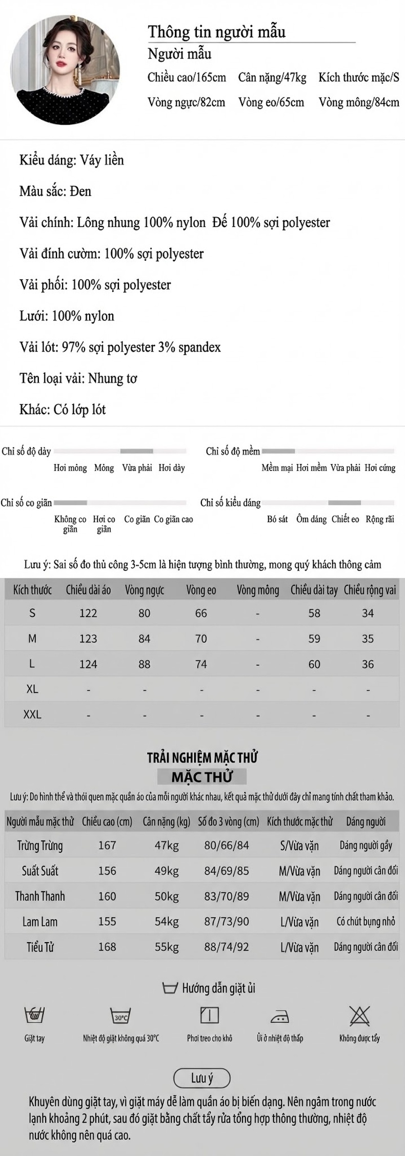 Váy liền thân Nữ Cổ Tròn Tay Dài Đính Đá Eo Thun Bèo Nhún Phong Cách Hepburn Màu Đen, Trắng chi tiết 2