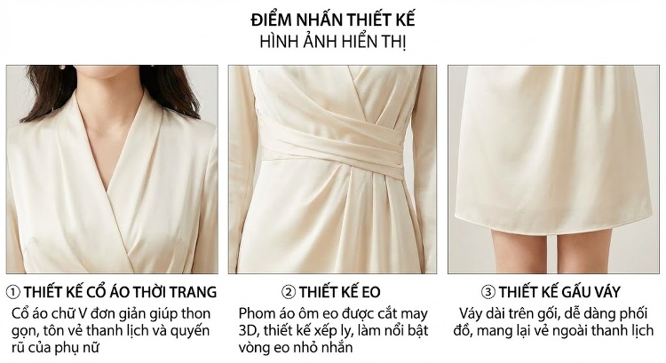 Váy liền thân Nữ Công Sở Ôm Eo Thanh Lịch Màu Đen, Kem chi tiết 4