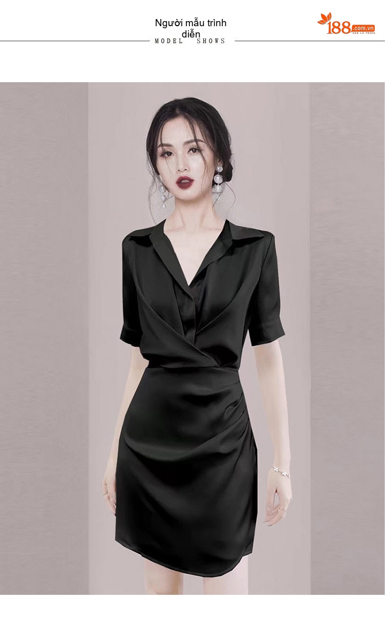 Váy liền thân Nữ Công Sở Ôm Eo Thanh Lịch Màu Đen, Kem chi tiết 7