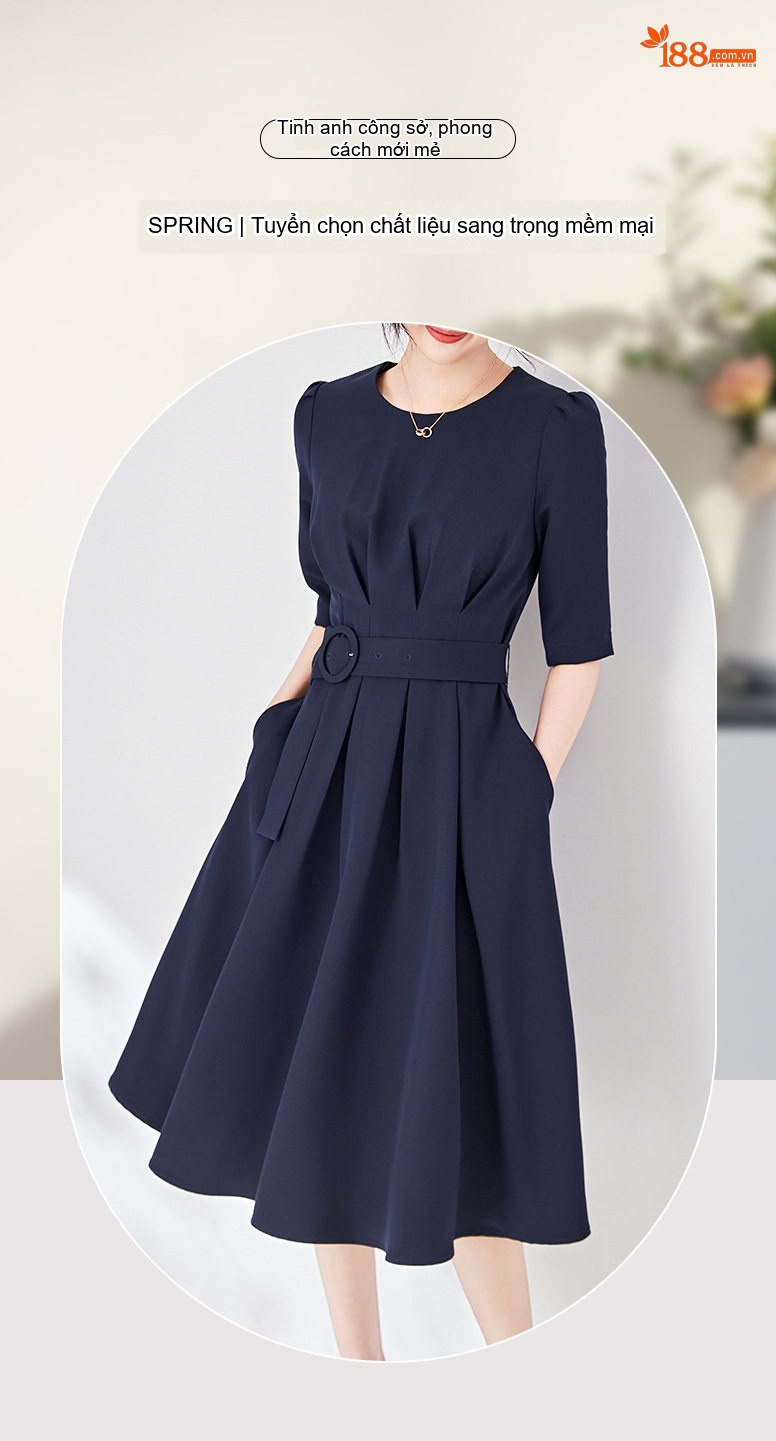 Váy liền thân Nữ dáng chữ A Chiết Ly Eo Thanh Lịch Màu Xanh Navy, Hồng chi tiết 1