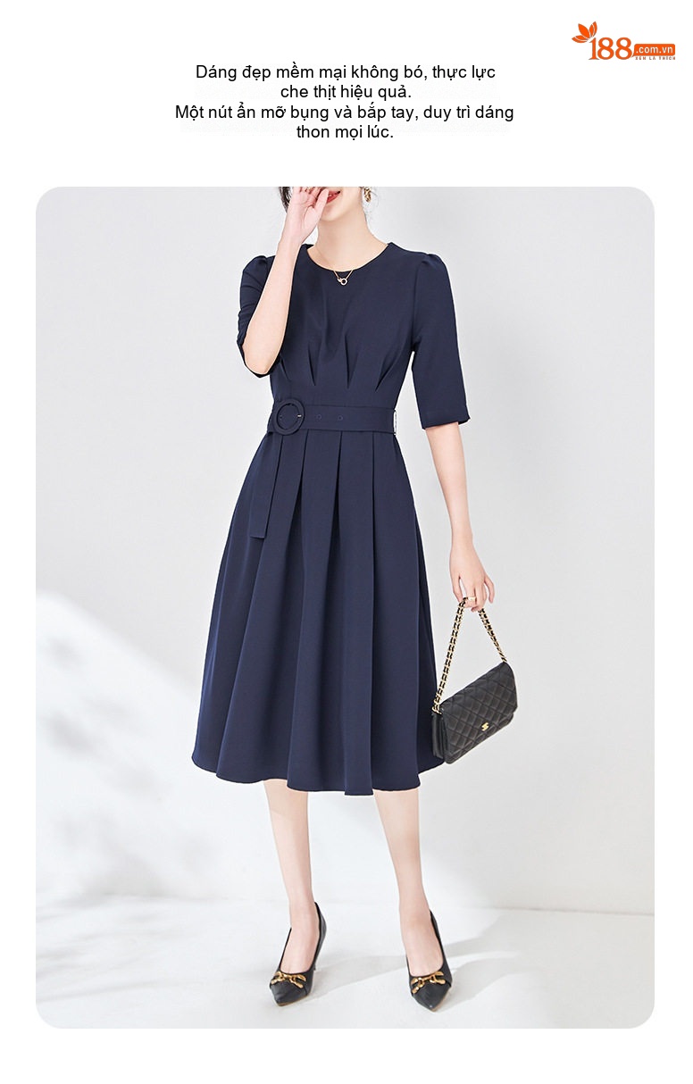 Váy liền thân Nữ dáng chữ A Chiết Ly Eo Thanh Lịch Màu Xanh Navy, Hồng chi tiết 3