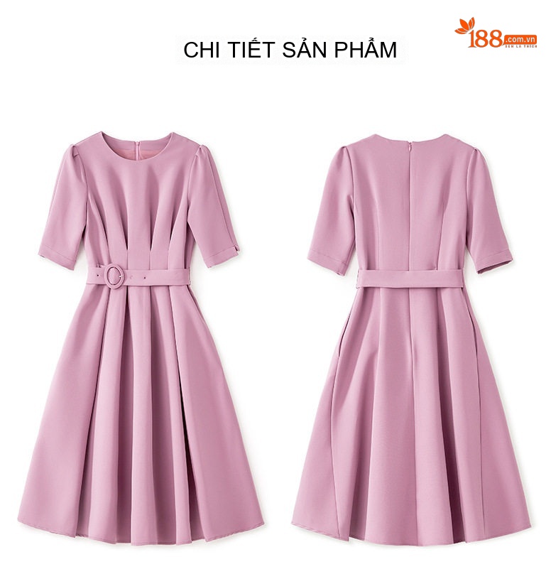 Váy liền thân Nữ dáng chữ A Chiết Ly Eo Thanh Lịch Màu Xanh Navy, Hồng chi tiết 15
