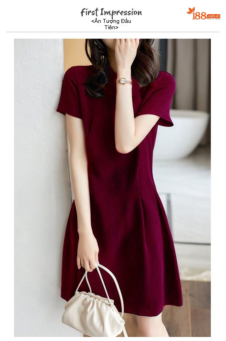 Váy liền thân Nữ dáng chữ A Chữ Thanh Lịch Màu Đỏ Rượu Vang chi tiết 1