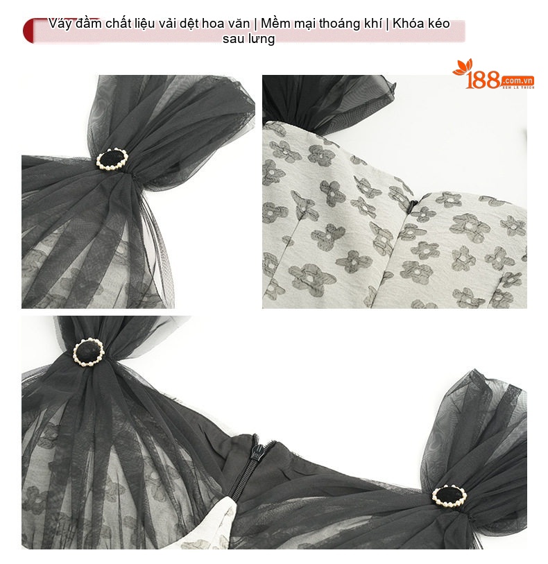 Váy liền thân Nữ dáng chữ A chữ Xếp Ly Eo Cao Tay Lưới Họa Tiết Hoa Nhỏ Màu Trắng, Đen chi tiết 2