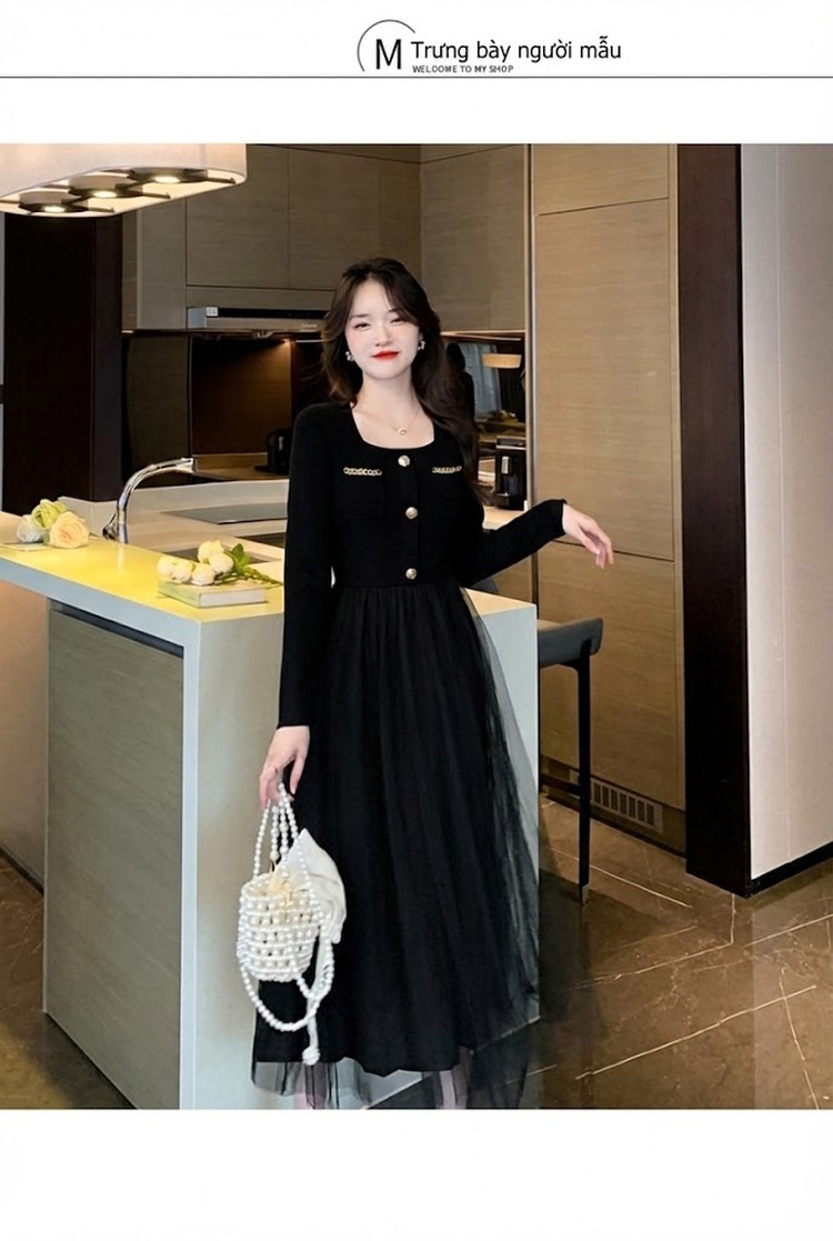 Váy liền thân Nữ dáng chữ A Cổ chữ Vuông Tay Dài Thiết Kế Giả Hai Lớp Lưới Màu Đen chi tiết 9