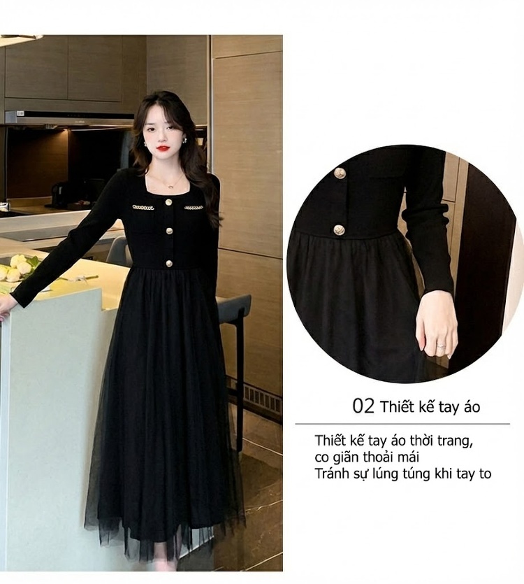 Váy liền thân Nữ dáng chữ A Cổ chữ Vuông Tay Dài Thiết Kế Giả Hai Lớp Lưới Màu Đen chi tiết 5