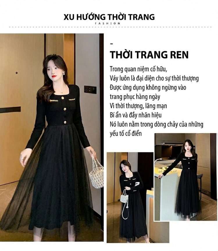 Váy liền thân Nữ dáng chữ A Cổ chữ Vuông Tay Dài Thiết Kế Giả Hai Lớp Lưới Màu Đen chi tiết 2