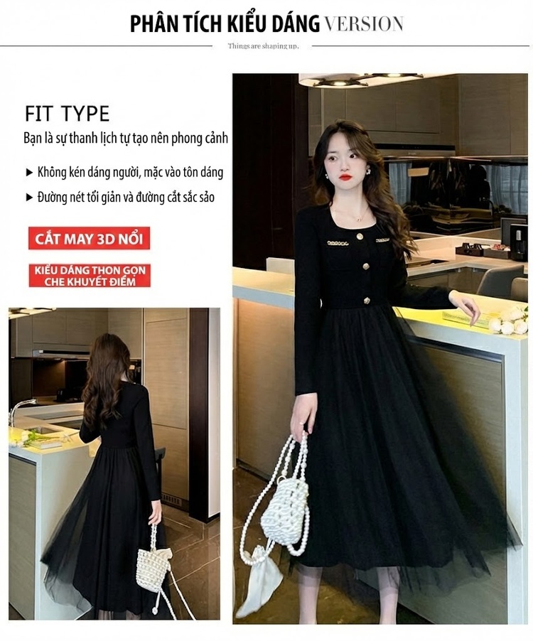 Váy liền thân Nữ dáng chữ A Cổ chữ Vuông Tay Dài Thiết Kế Giả Hai Lớp Lưới Màu Đen chi tiết 3