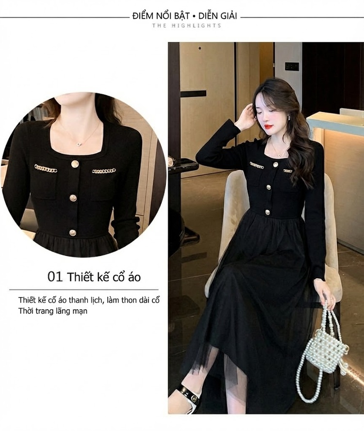 Váy liền thân Nữ dáng chữ A Cổ chữ Vuông Tay Dài Thiết Kế Giả Hai Lớp Lưới Màu Đen chi tiết 4