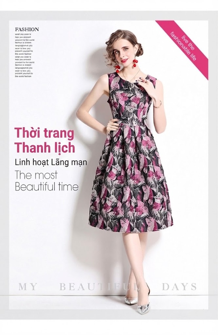 Váy liền thân Nữ dáng chữ A Không Tay Cổ Tròn Họa Tiết Eo Cao Thanh Lịch Màu Đen, Tím chi tiết 3