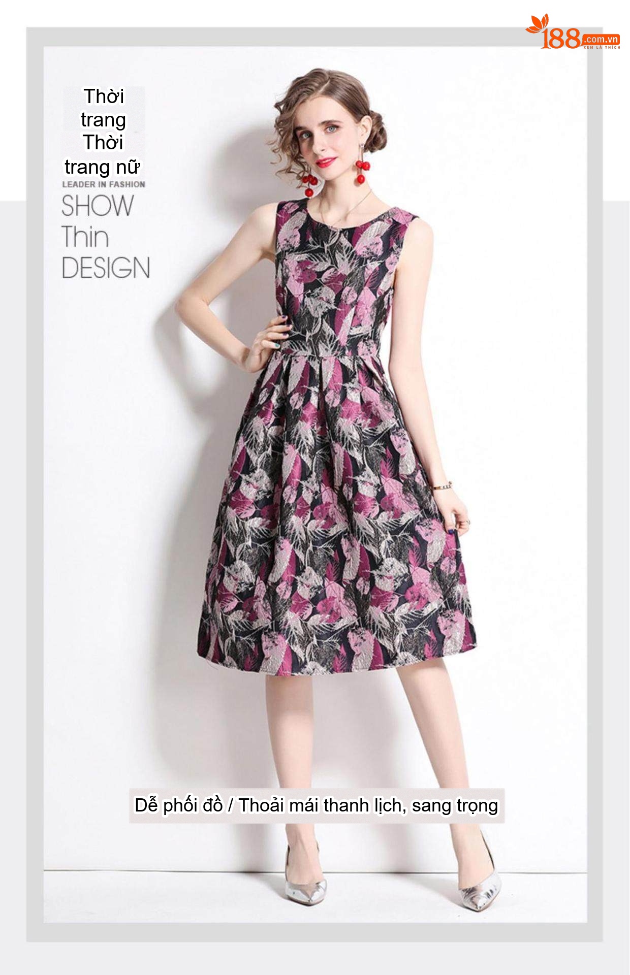 Váy liền thân Nữ dáng chữ A Không Tay Cổ Tròn Họa Tiết Eo Cao Thanh Lịch Màu Đen, Tím chi tiết 6