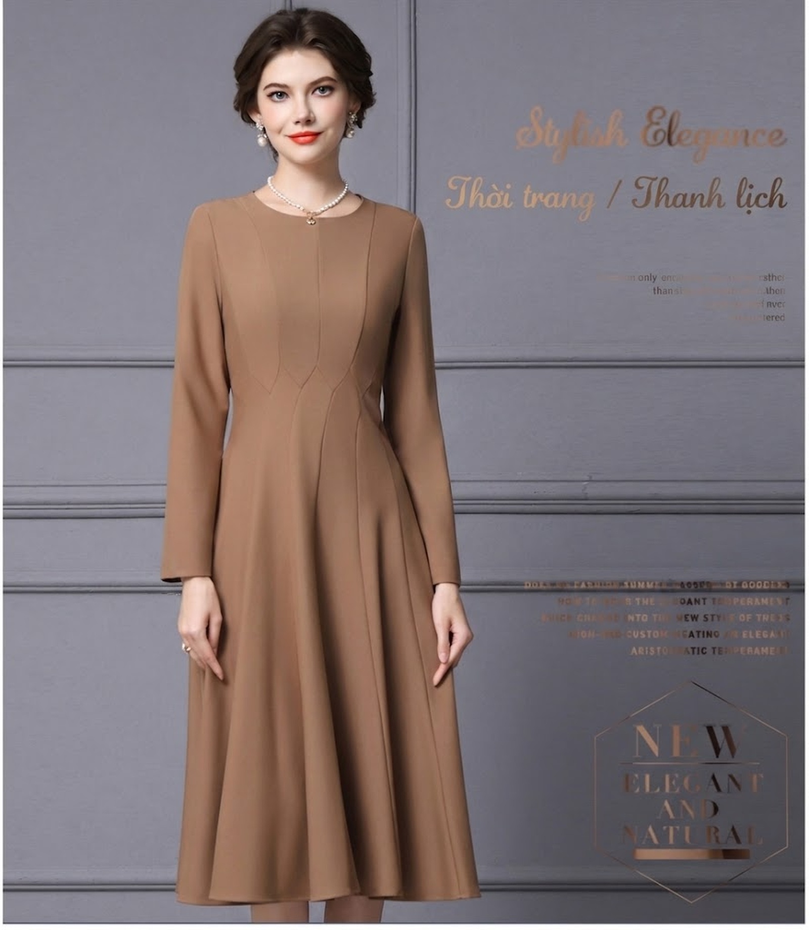 Váy liền thân Nữ dáng chữ A Tay Dài Chiết Eo Thanh Lịch Màu Nâu, Đỏ Rượu chi tiết 1