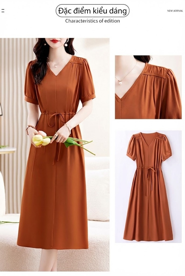 Váy liền thân Nữ dáng chữ A Thu Eo Tay Ngắn Thanh Lịch Màu Nâu, Xanh Olive, Be chi tiết 4