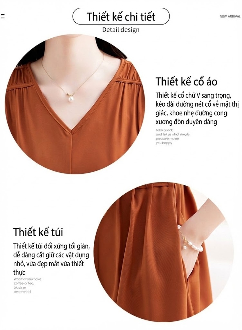 Váy liền thân Nữ dáng chữ A Thu Eo Tay Ngắn Thanh Lịch Màu Nâu, Xanh Olive, Be chi tiết 6