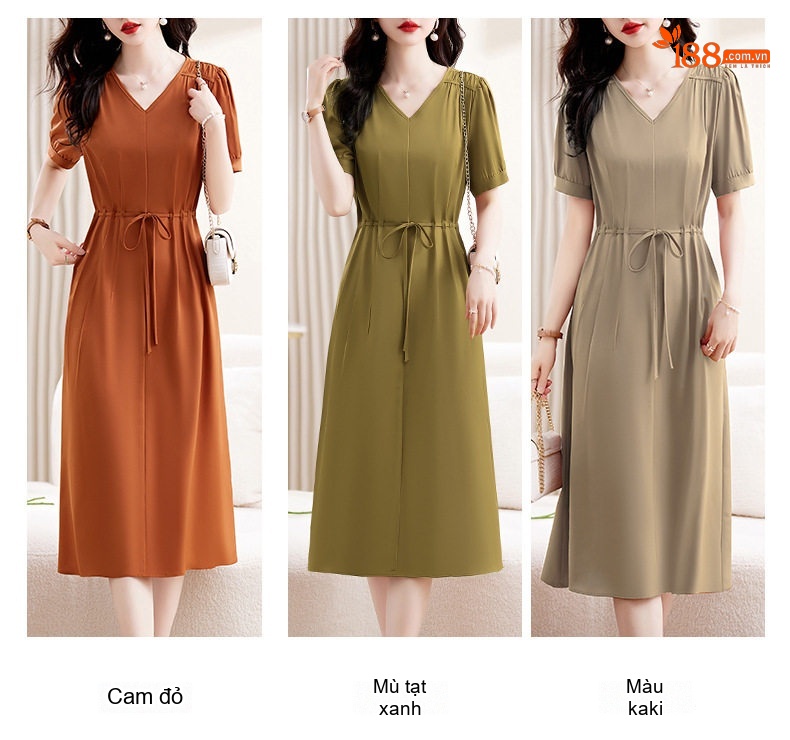 Váy liền thân Nữ dáng chữ A Thu Eo Tay Ngắn Thanh Lịch Màu Nâu, Xanh Olive, Be chi tiết 10