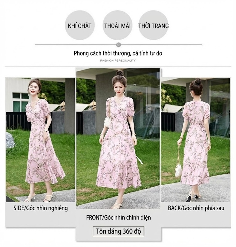 Váy Liền Thân Nữ Dáng Dài Họa Tiết Hoa Nhí Tay Bồng Phong Cách Tiểu Thư Màu Hồng chi tiết 2