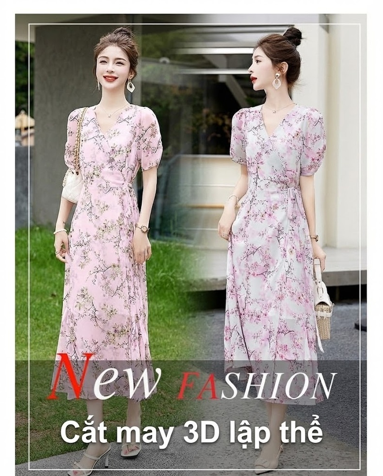 Váy Liền Thân Nữ Dáng Dài Họa Tiết Hoa Nhí Tay Bồng Phong Cách Tiểu Thư Màu Hồng chi tiết 4