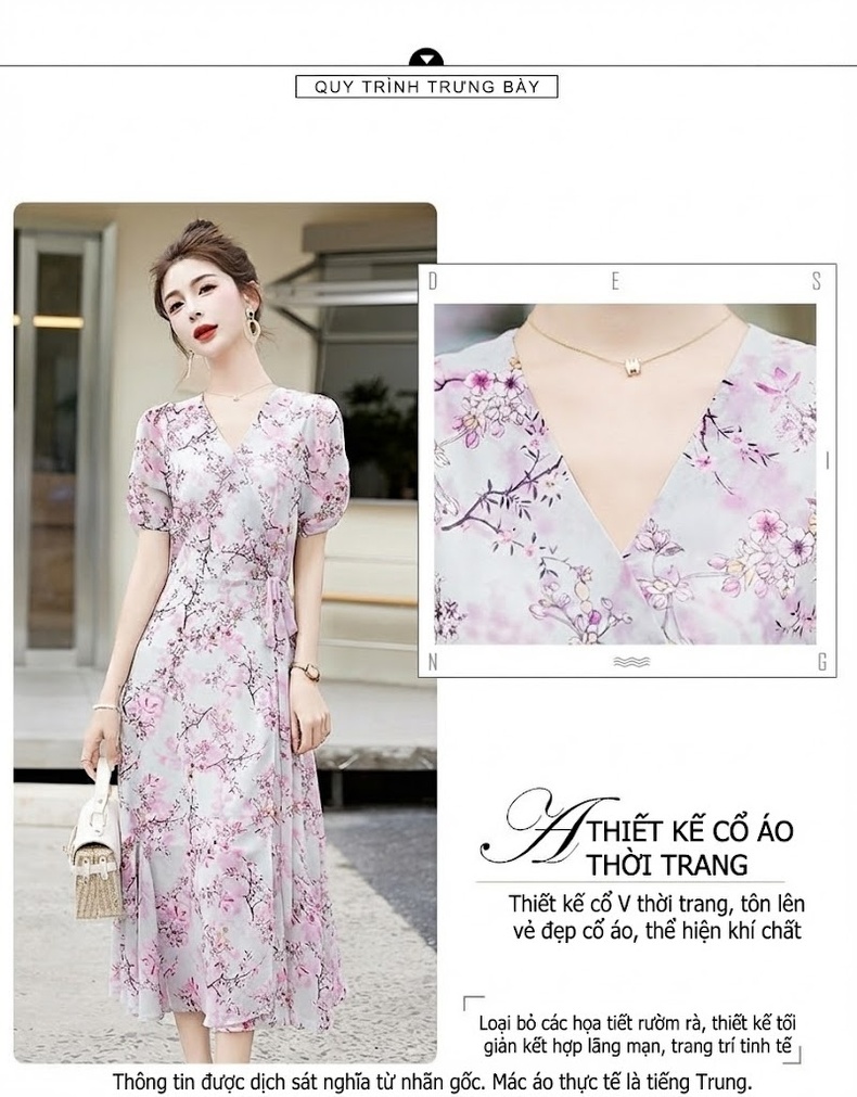 Váy Liền Thân Nữ Dáng Dài Họa Tiết Hoa Nhí Tay Bồng Phong Cách Tiểu Thư Màu Hồng chi tiết 6