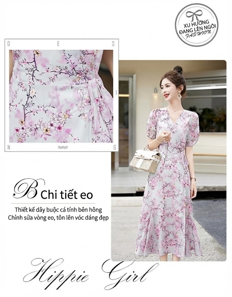 Váy Liền Thân Nữ Dáng Dài Họa Tiết Hoa Nhí Tay Bồng Phong Cách Tiểu Thư Màu Hồng chi tiết 7