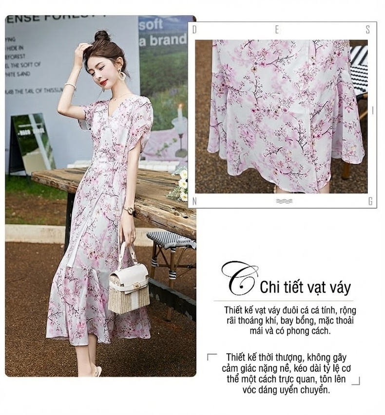 Váy Liền Thân Nữ Dáng Dài Họa Tiết Hoa Nhí Tay Bồng Phong Cách Tiểu Thư Màu Hồng chi tiết 8