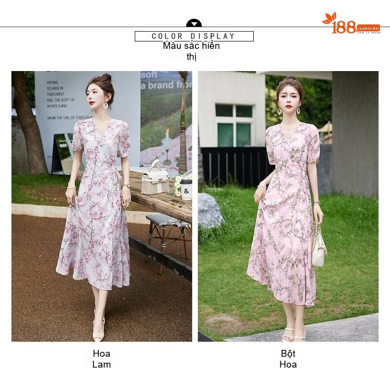 Váy Liền Thân Nữ Dáng Dài Họa Tiết Hoa Nhí Tay Bồng Phong Cách Tiểu Thư Màu Hồng chi tiết 11