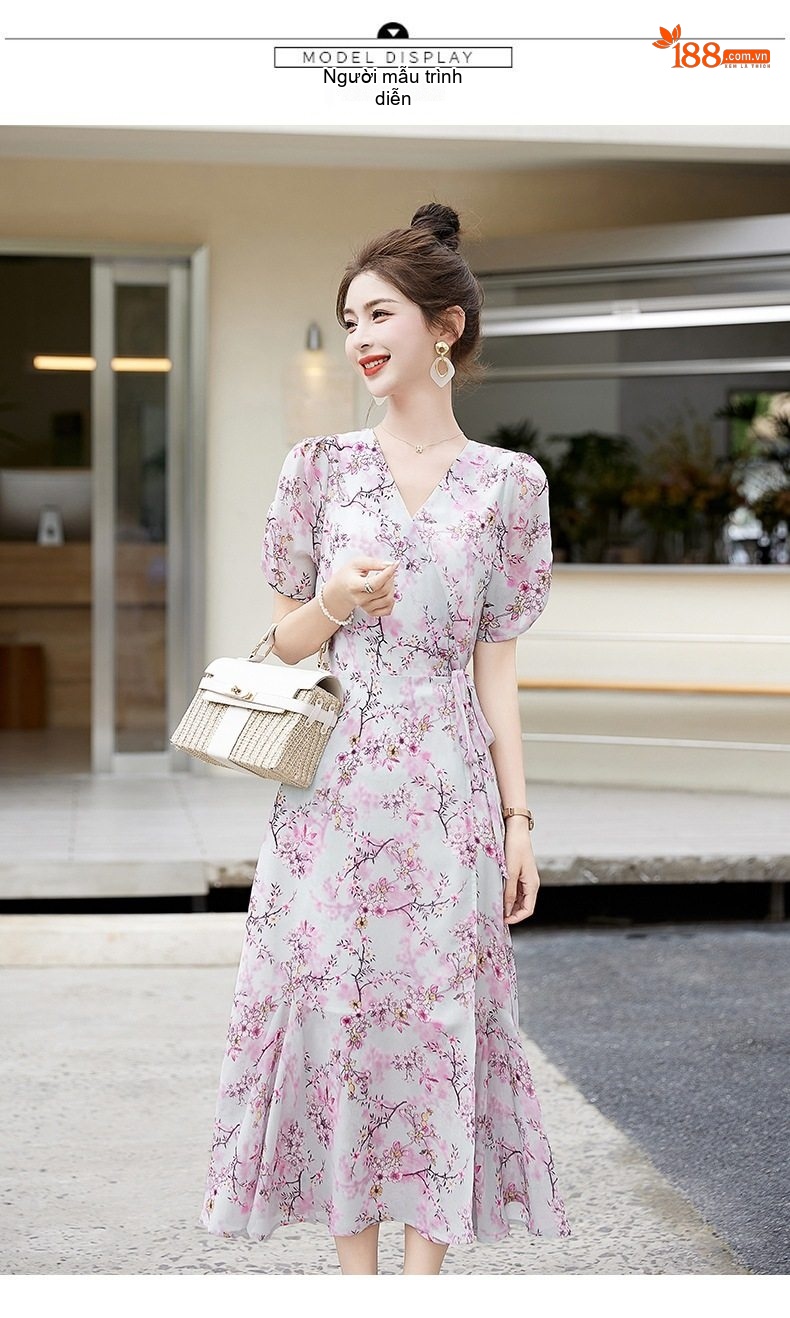 Váy Liền Thân Nữ Dáng Dài Họa Tiết Hoa Nhí Tay Bồng Phong Cách Tiểu Thư Màu Hồng chi tiết 14