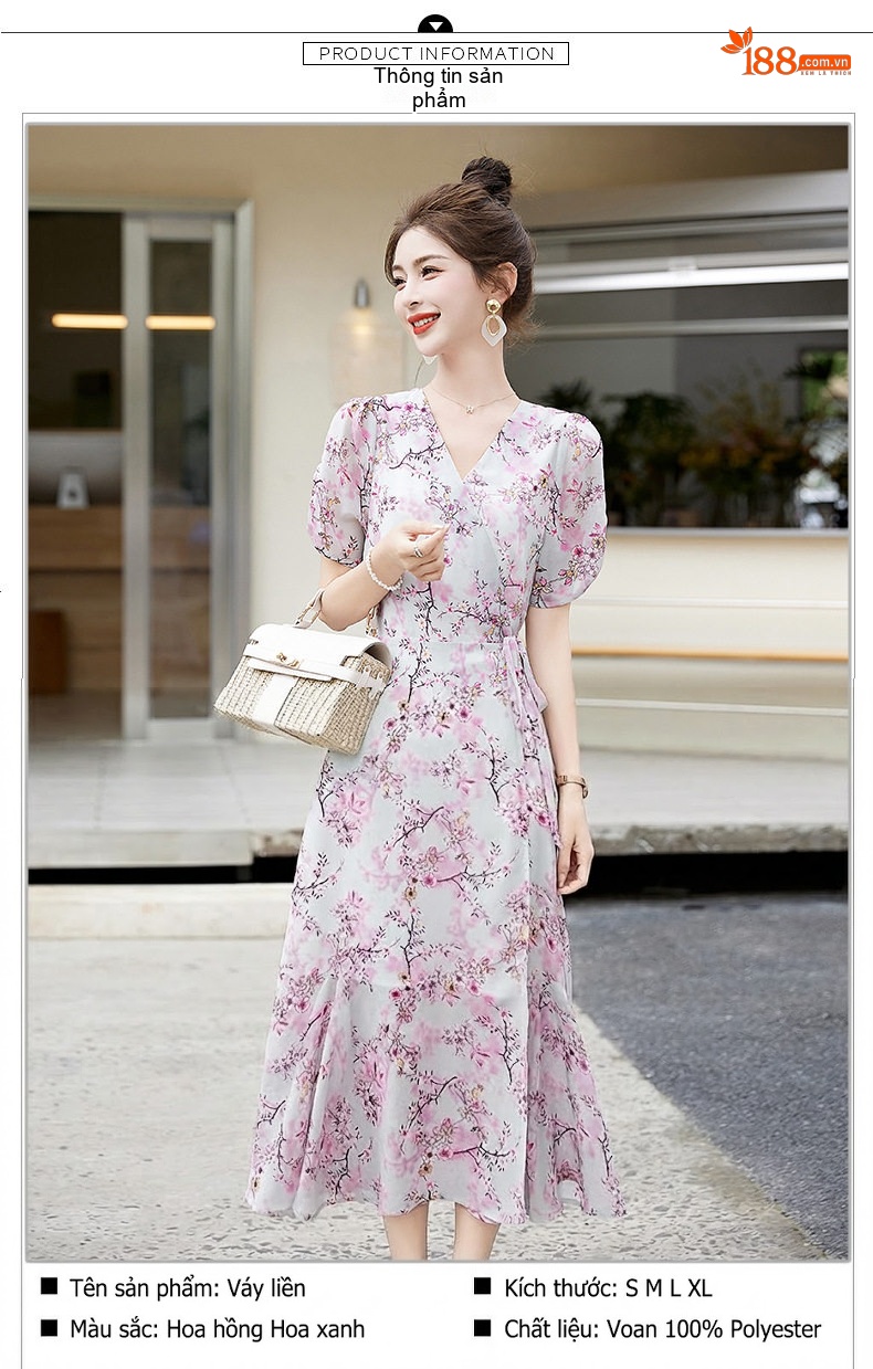 Váy Liền Thân Nữ Dáng Dài Họa Tiết Hoa Nhí Tay Bồng Phong Cách Tiểu Thư Màu Hồng chi tiết 9