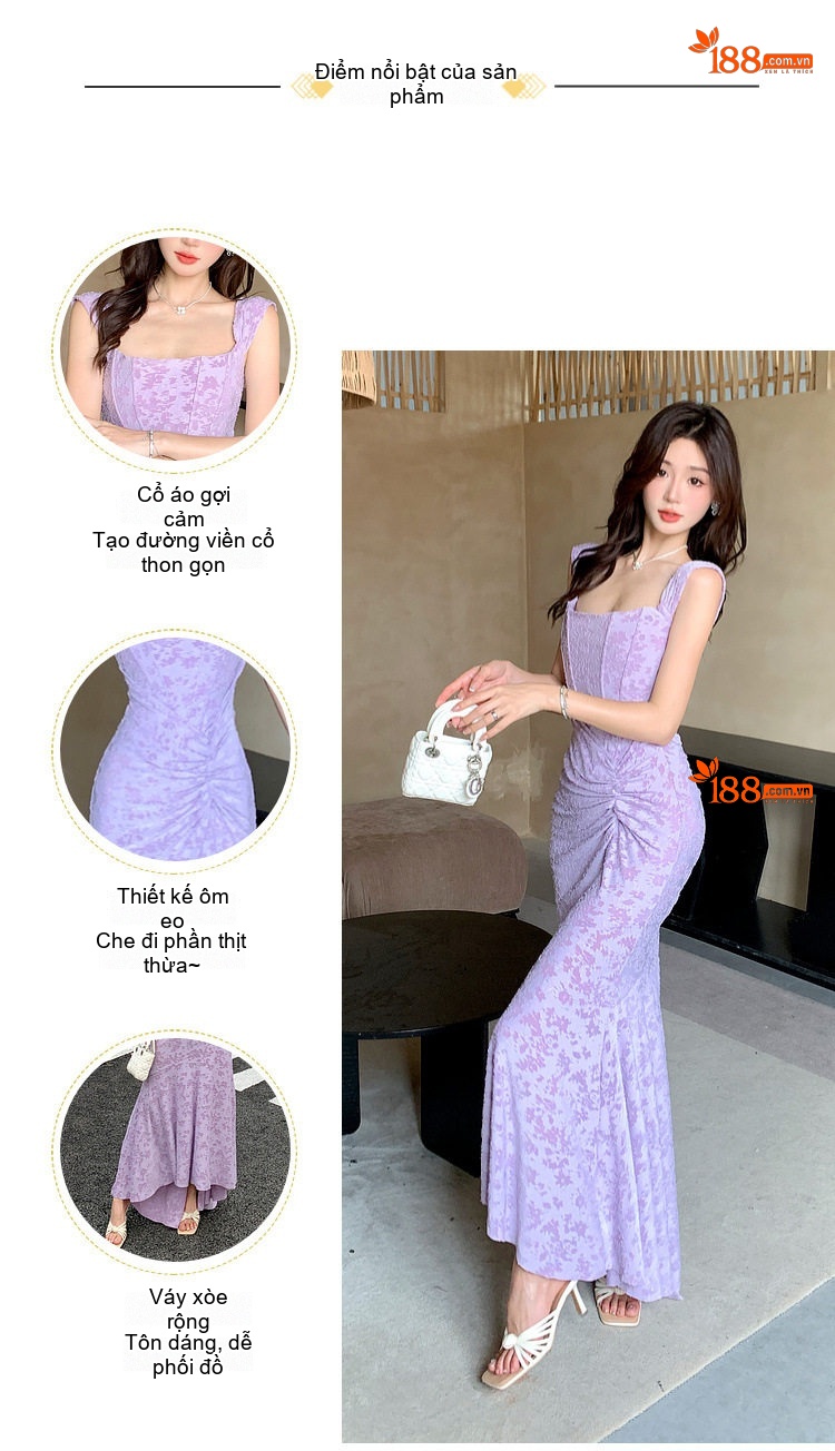Váy liền thân Nữ Dáng Dài Ôm Body Hở Vai Phong Cách Pháp Màu Tím chi tiết 3