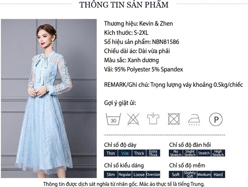 Váy liền thân Nữ Dáng Dài Ren Cổ Điển Thắt Eo Tôn Dáng Màu Xanh Da Trời chi tiết 18