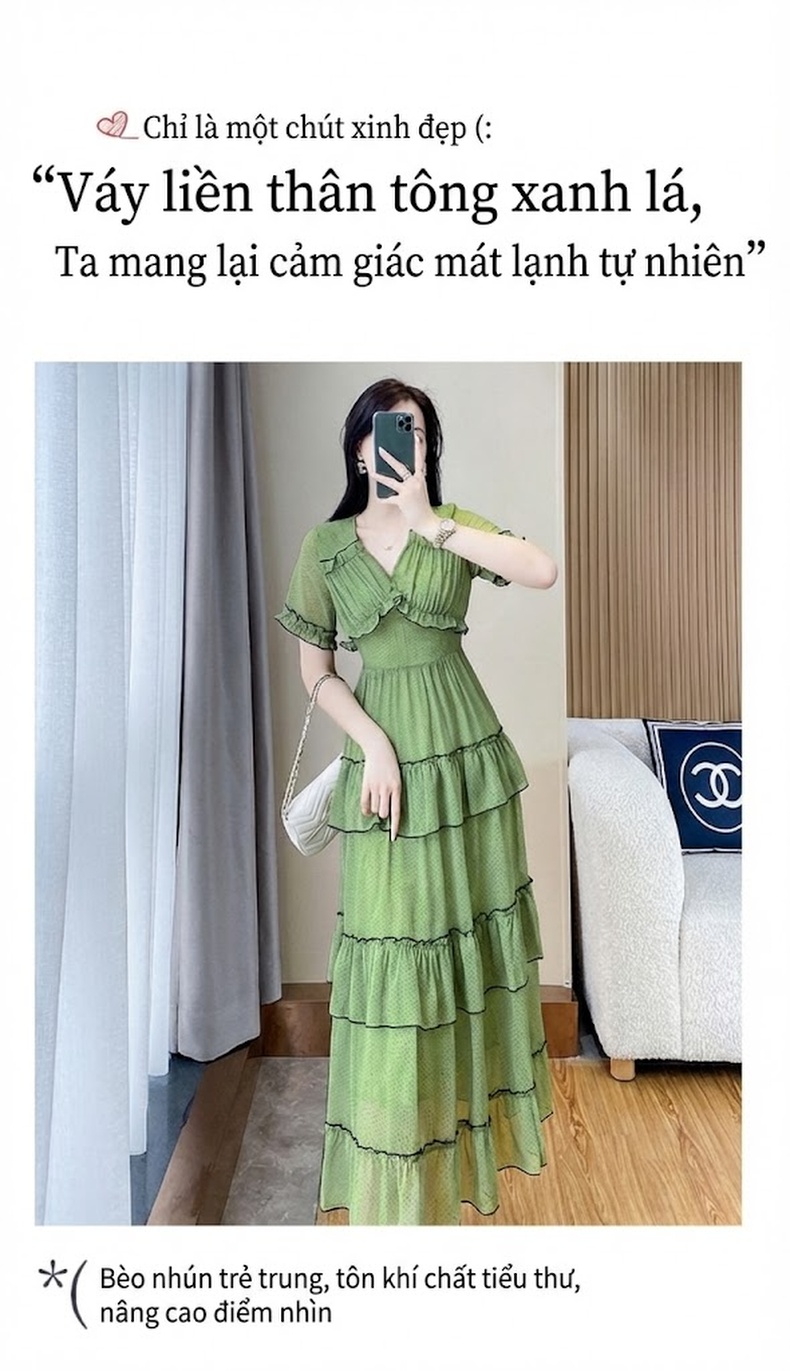 Váy liền thân Nữ Dáng Dài Thắt Eo Họa Tiết Hoa Nhí Xếp Tầng Màu Xanh Lá chi tiết 2
