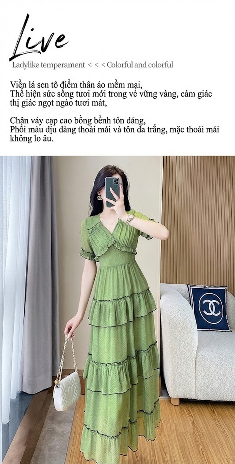 Váy liền thân Nữ Dáng Dài Thắt Eo Họa Tiết Hoa Nhí Xếp Tầng Màu Xanh Lá chi tiết 4