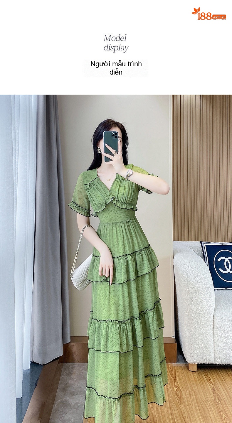Váy liền thân Nữ Dáng Dài Thắt Eo Họa Tiết Hoa Nhí Xếp Tầng Màu Xanh Lá chi tiết 6