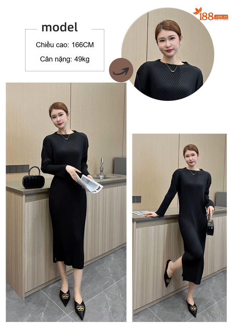 Váy liền thân Nữ Dáng Dài Xếp Ly Màu Đen, Nâu, Xám chi tiết 9