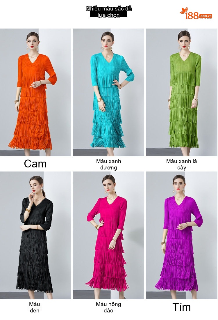 Váy liền thân Nữ Dáng Dài Xếp Ly Thiết Kế Tua Rua Cao Cấp Màu Xanh Lam, Tím, Đen, Cam... chi tiết 1