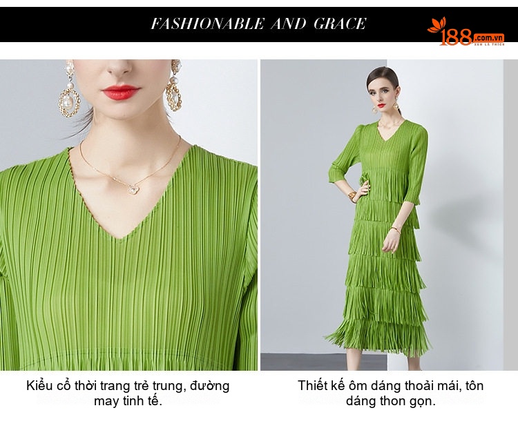 Váy liền thân Nữ Dáng Dài Xếp Ly Thiết Kế Tua Rua Cao Cấp Màu Xanh Lam, Tím, Đen, Cam... chi tiết 2
