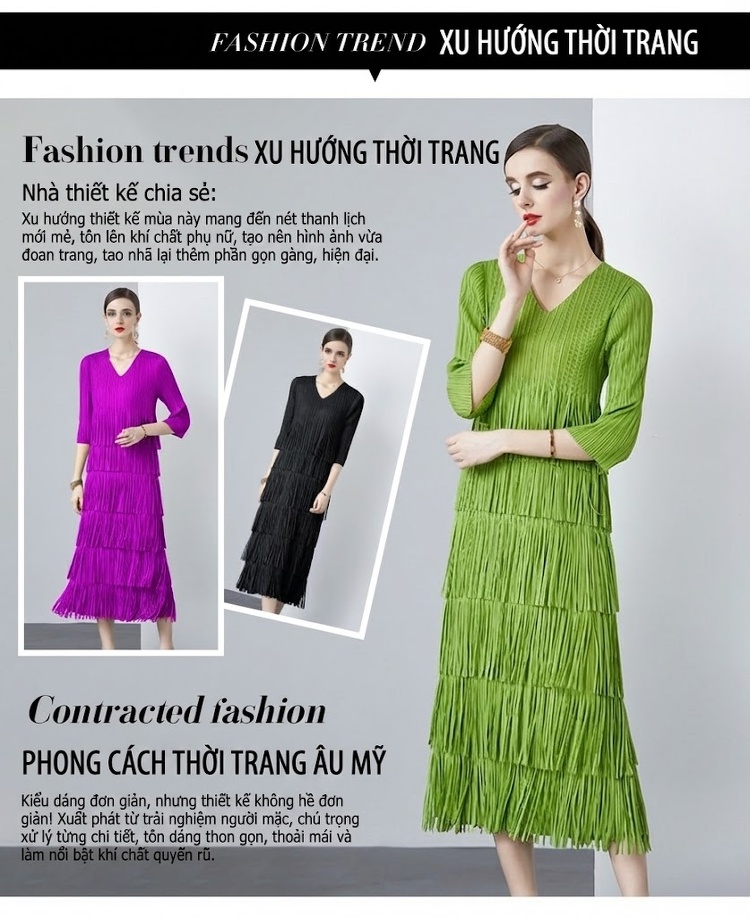 Váy liền thân Nữ Dáng Dài Xếp Ly Thiết Kế Tua Rua Cao Cấp Màu Xanh Lam, Tím, Đen, Cam... chi tiết 3