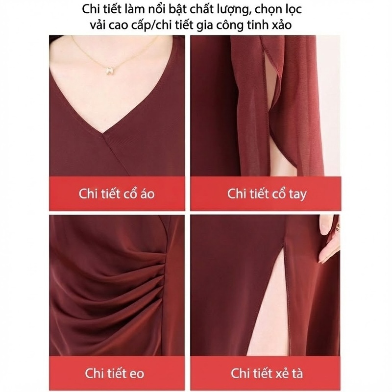 Váy liền thân Nữ Dáng Midi Thiết Kế Xẻ Tà Tay Lỡ Tôn Dáng Màu Đỏ Rượu, Xanh Navy, Đen