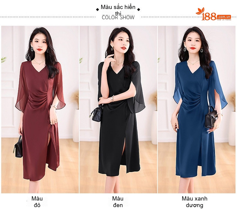 Váy liền thân Nữ Dáng Midi Thiết Kế Xẻ Tà Tay Lỡ Tôn Dáng Màu Đỏ Rượu, Xanh Navy, Đen chi tiết 10
